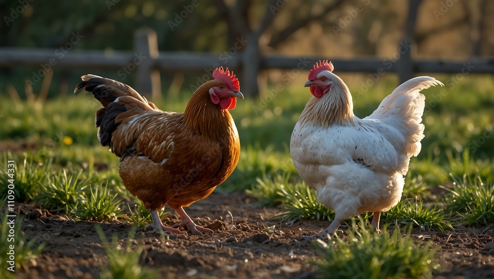 Fototapeta premium Two hens locked in a playful duel.