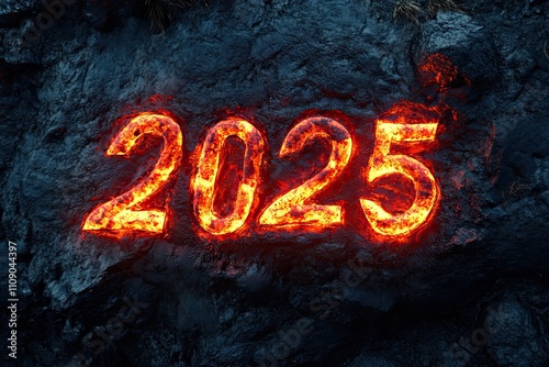 Wallpaper Mural The numeral 2025 constructed from glowing red lava against a black volcanic rock background Torontodigital.ca