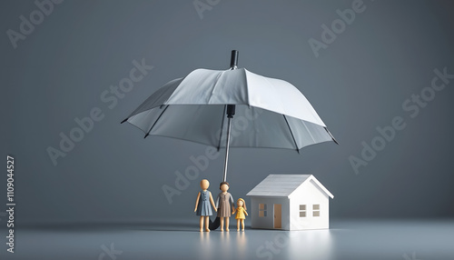 Wallpaper Mural Protect property, family, home investment and financial savings concept. Umbrella protecting wooden figurines family and miniature house with a white accent, png Torontodigital.ca