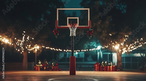Festive basketball hoop at night. Christmas lights illuminate the court.