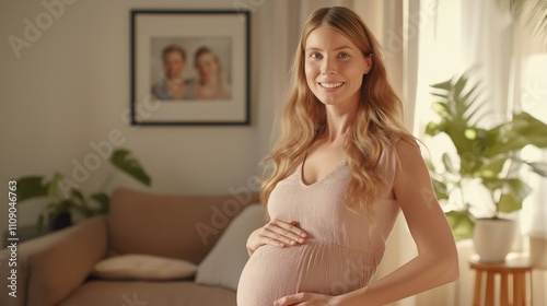 Young pregnant woman smiling peacefully in cozy living room interior design Free Download Young pregnant woman smiling peacefully in cozy living room interior design - GFXLoad