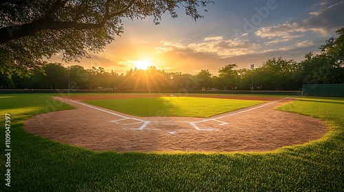 Sunset over a baseball field. The warm light bathes the infield in a golden hue.