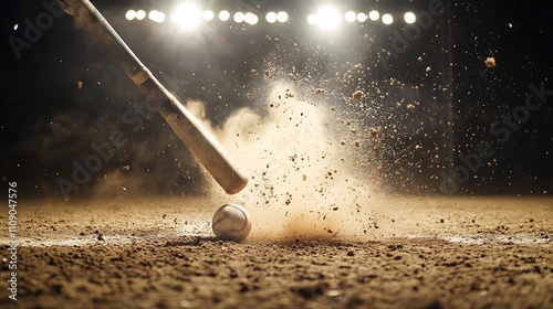 Baseball bat connects with ball, sending up a cloud of dust. Action shot.