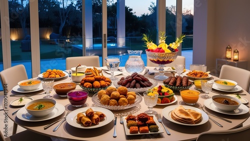 holy Ramadan food is arranged in a table setting for the iftar meal in the evening time with sharbat drinks, dates, meats, fruits, and vegetable foods photo