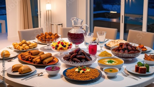 holy Ramadan food is arranged in a table setting for the iftar meal in the evening time with sharbat drinks, dates, meats, fruits, and vegetable foods