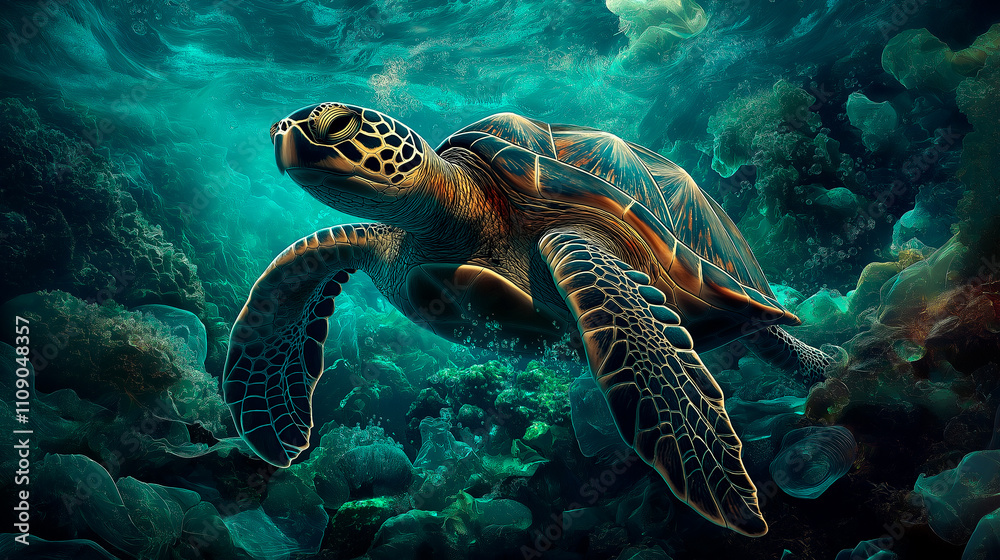 Obraz premium Sea turtle is stuck in plastic garbage in the sea