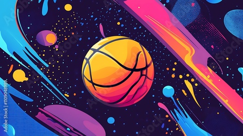 Vibrant basketball art. Dynamic colors and cosmic background.