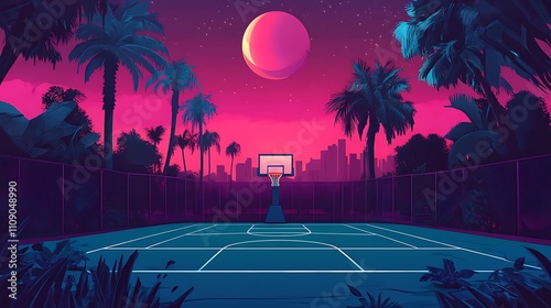 Neon-lit basketball court at night, under a vibrant pink moon. Palm trees surround the court, creating a tropical vibe.