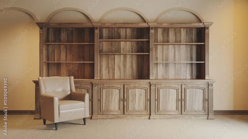 Fototapeta premium Elegant Wooden Bookshelf with Armchair in Stylish Room. Discover a sophisticated wooden bookshelf paired with a modern armchair, creating a perfect corner for relaxation and organization.