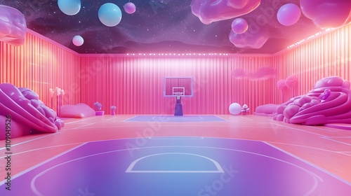 Surreal pink basketball court with dreamy clouds and pastel planets.