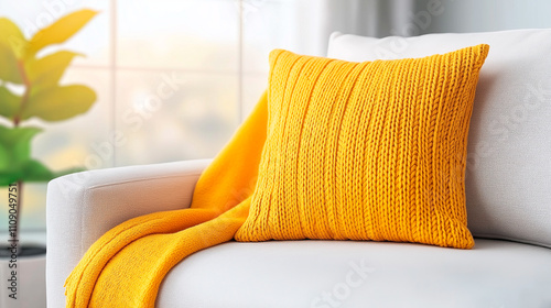 White cushions and cream color blanket on white sofa against of window. Scandinavian style interior design of modern living room, soft pastel colors.