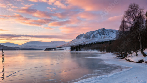 Frozen lake scene with smooth ice reflecting pastel sunset and snow-covered mountains for winter meditation 