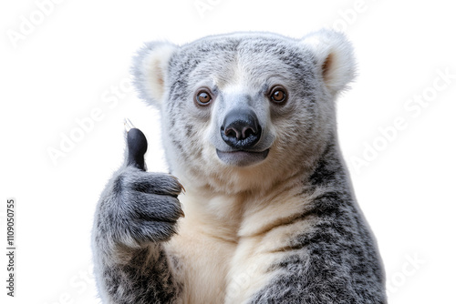 Koala Thumbs Up: A close-up portrait of a koala giving a playful thumbs up, radiating positivity and good vibes. Perfect for showcasing approval, encouragement, or a lighthearted, friendly approach.  photo