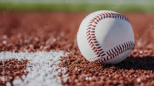 Close-up of a baseball resting on the infield dirt.