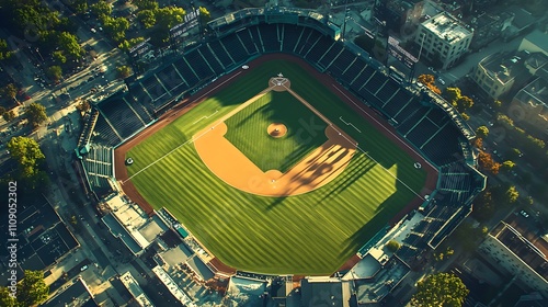 Aerial view of a baseball stadium bathed in the warm glow of sunset. The vibrant green of the field contrasts beautifully with the stadium's dark seats.