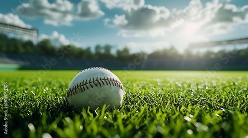 Baseball rests on the lush green grass of a stadium under a bright, sunny sky.