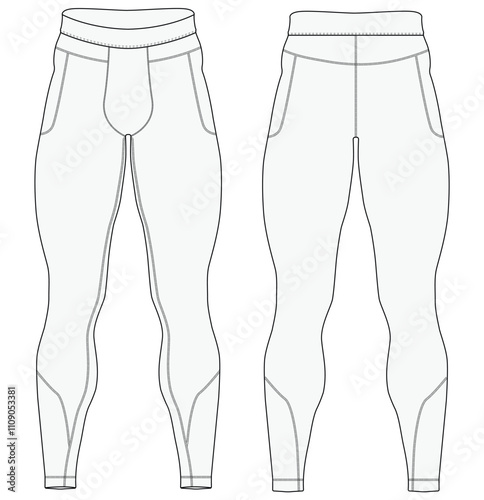 Men's Thermal Compression Tights Pants sports design vector template front and back view for running,