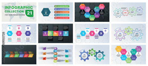 A modern infographic template featuring a collection of geometric shapes, flow diagrams, and progress charts. Ideal for business presentations, marketing strategies, and data analysis, flat design