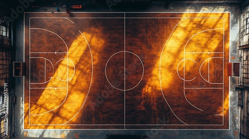 Golden hour sunlight streams onto an empty basketball court, creating a dramatic scene.
