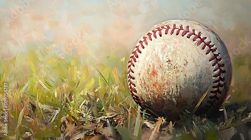 Well-worn baseball resting in tall grass, painted in warm tones.