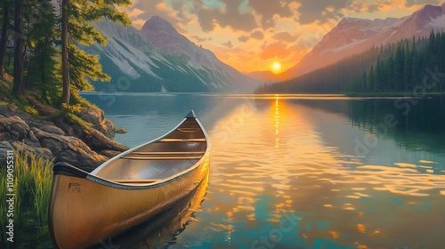 Canoe on a serene lake at sunset, majestic mountains reflecting in the calm water. Golden hour light bathes the scene in warm tones.