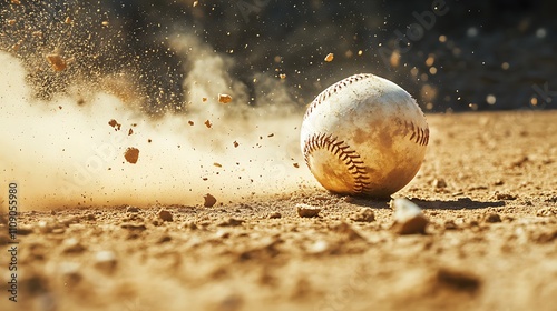 A dusty baseball lands on the infield, dirt flying in its wake.