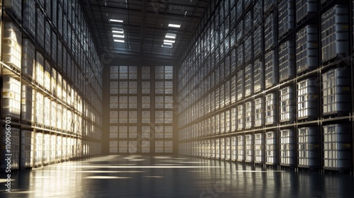 Precision-Stacked ISO Containers in Modular Warehouse: Geometric Shadows from Overhead Lighting, Revealing Detailed Container Identification Markers. High-Resolution Industrial Scene.