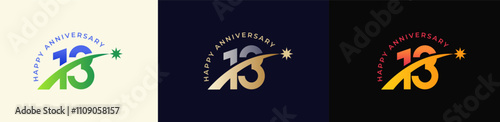 Logo Anniversary with Rising star 13th, 13th Happy Anniversary with Colorful Gradient, Luxury Gold and Silver.