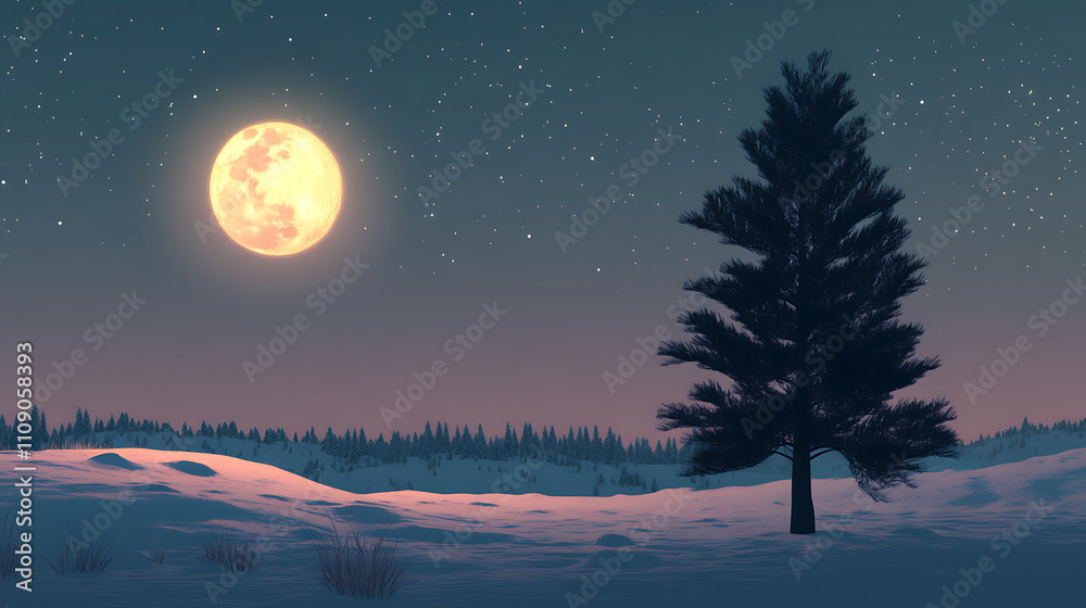 Naklejka premium serene winter night with full moon illuminating snowy landscape