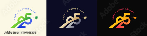 Logo Anniversary with Rising star 25th, 25th Happy Anniversary with Colorful Gradient, Luxury Gold and Silver.