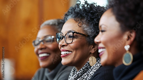 Mature older black women bonding over laughter and stories, retired elderly ethnic African American diverse friends laughing and feeling healthy in retirement, smart and sophisticated