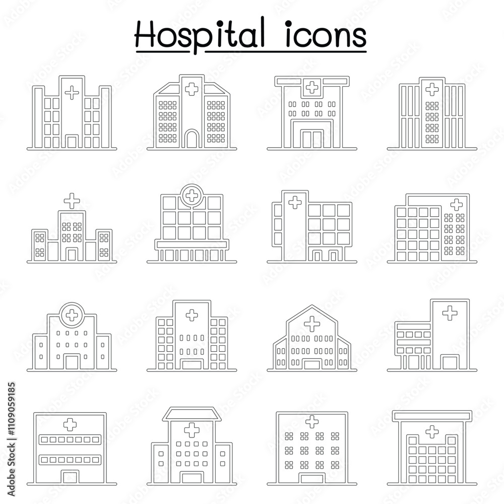 Fototapeta premium Hospital building icon set in thin line style