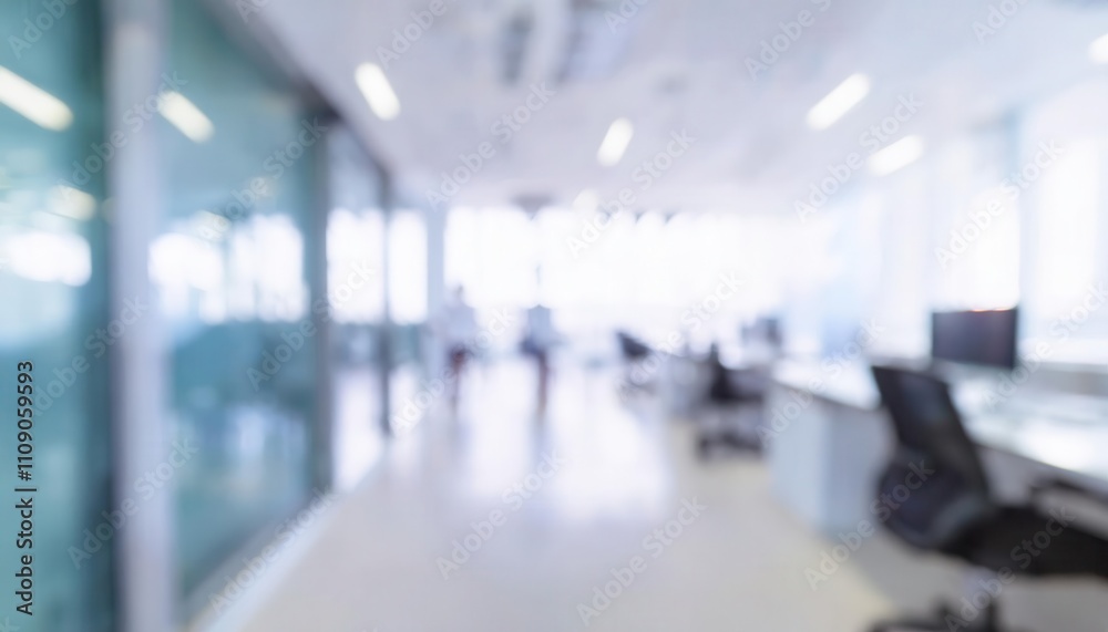 Fototapeta premium Modern Workplace Environment. Blurred Perspective Highlighting Open Office Layouts, Bright Lighting, and the Dynamic Collaboration Atmosphere of Contemporary Corporate Spaces 