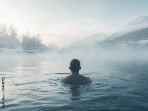 Man swimming in misty lake for Hogmanay New Year tradition photo