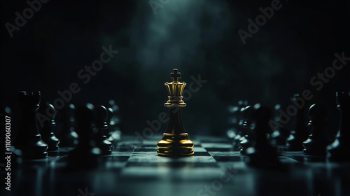 Close up on a golden king piece on a chessboard. Successful concept.