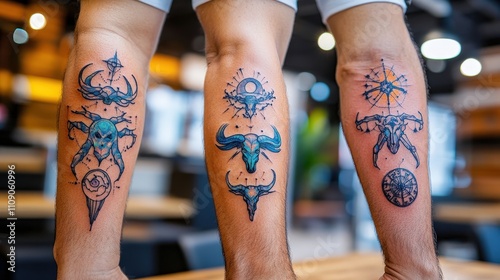 A striking display of three unique tattoos on muscular calves showcases different intricate designs, each telling its own story, reflecting personal identity and artistic expression. photo