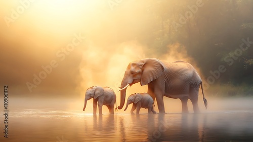 Wildlife photography elephant family bonds at misty sunrise in nature reserve photo