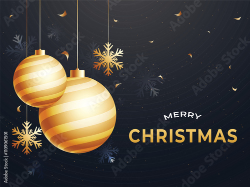 Merry Christmas Greeting Card with Golden Baubles Hang on Snowflake Dark Background.