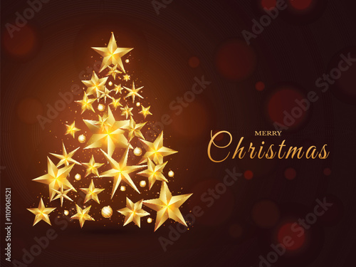 Creative Xmas tree made by shiny golden stars on brown background for Merry Christmas celebration.