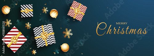 Merry Christmas Celebration Banner Design with Top View of Gift Boxes, Golden Baubles and Snowflakes Decorated on Blue Background.