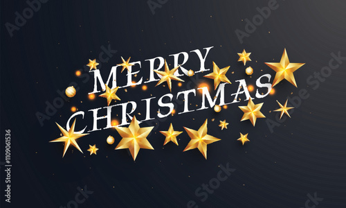 Merry Christmas text surrounded by golden stars and baubles on black background for festival celebration, used for greting card design.