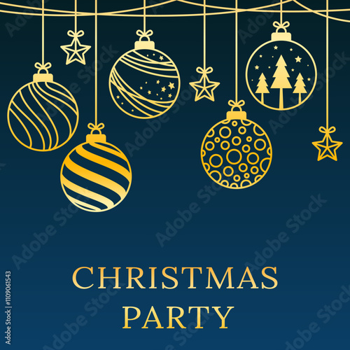 Merry Christmas Greeting Card Design with Hanging Golden Line Art Baubles and Stars on Teal Blue Background.