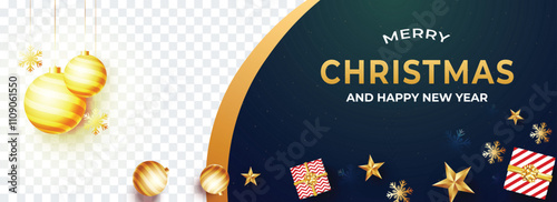 Merry Christmas and Happy New Year Banner Design with Gift Boxes, Golden Baubles and Stars Decorated on Blue and Png Background.