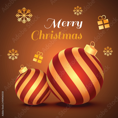 Merry Christmas Greeting Card Design with Realistic Baubles, Snowflakes and Gift Boxes on Shiny Brown Background.