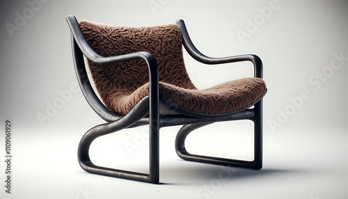 Black armchair with brown fur upholstery on a white background