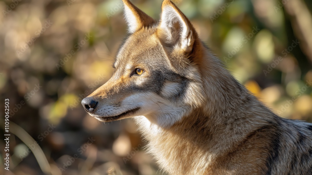 Fototapeta premium A coyote is shown in profile, illuminated by soft light as it stands alert in a dark environment during the golden hour, showcasing its natural beauty and curiosity.