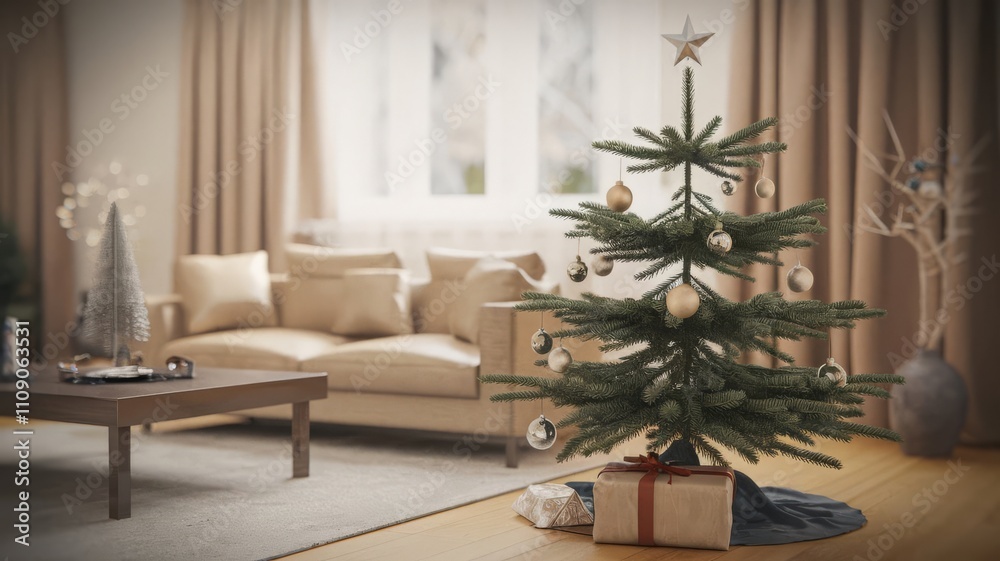 Fototapeta premium Cozy Living Room Christmas Decor with Tree and Presents. A beautifully decorated Christmas tree in a cozy living room, featuring elegant ornaments and wrapped gifts. Perfect for holiday-them...