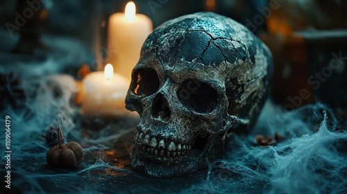 A close up shot of a weathered skull with cracks and intricate textures, surrounded by cobwebs and dim candlelight, creating a spooky Halloween ambiance