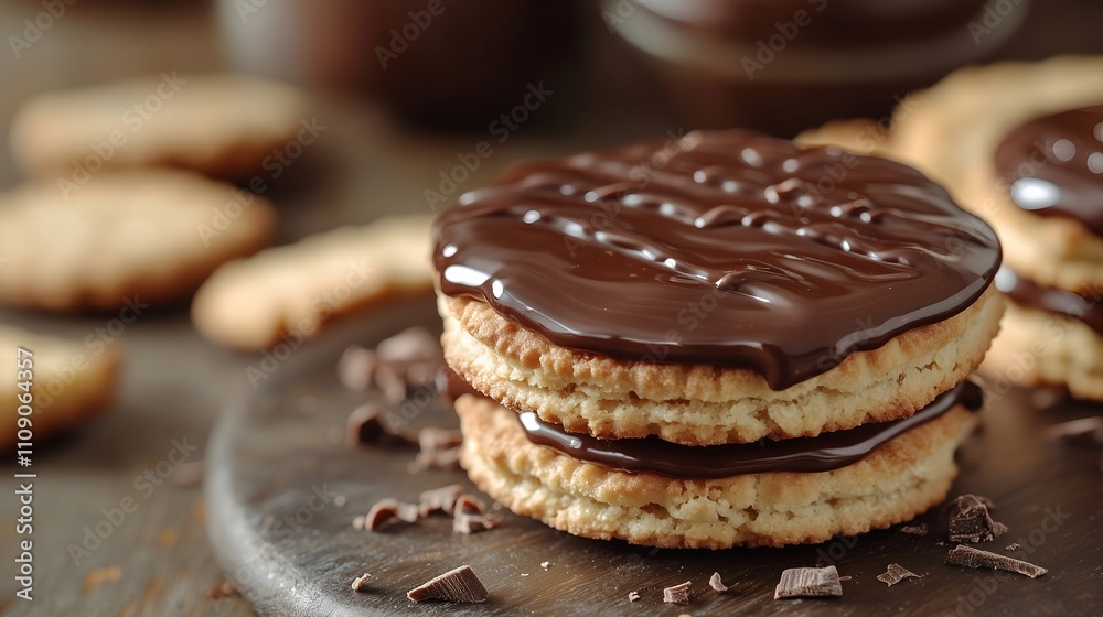 Delicious chocolate-coated cookies stacked on a wooden platter ready for dessert Delicious chocolate-coated cookies stacked on a wooden platter ready for dessert