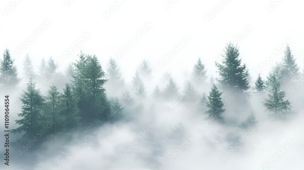 The scene captures the dense, lush green trees shrouded in a mystical layer of fog, creating a serene and tranquil atmosphere. The forest is rich with various shades of green. The scene captures the dense, lush green trees shrouded in a mystical layer of fog, creating a serene and tranquil atmosphere. The forest is rich with various shades of green.